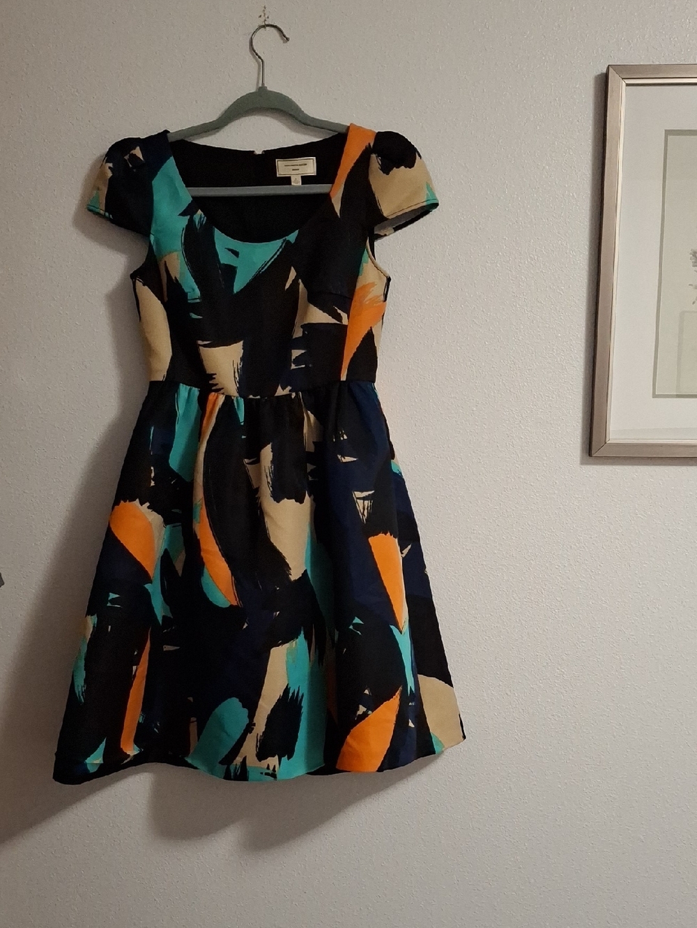 Moulinette Soeurs Pinon Black Dress with Teal, Orange & Navy Brushstrokes Size 0